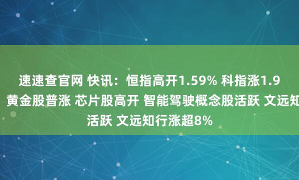 速速查官网 快讯：恒指高开1.59% 科指涨1.9% 科网股、黄金股普涨 芯片股高开 智能驾驶概念股活跃 文远知行涨超8%